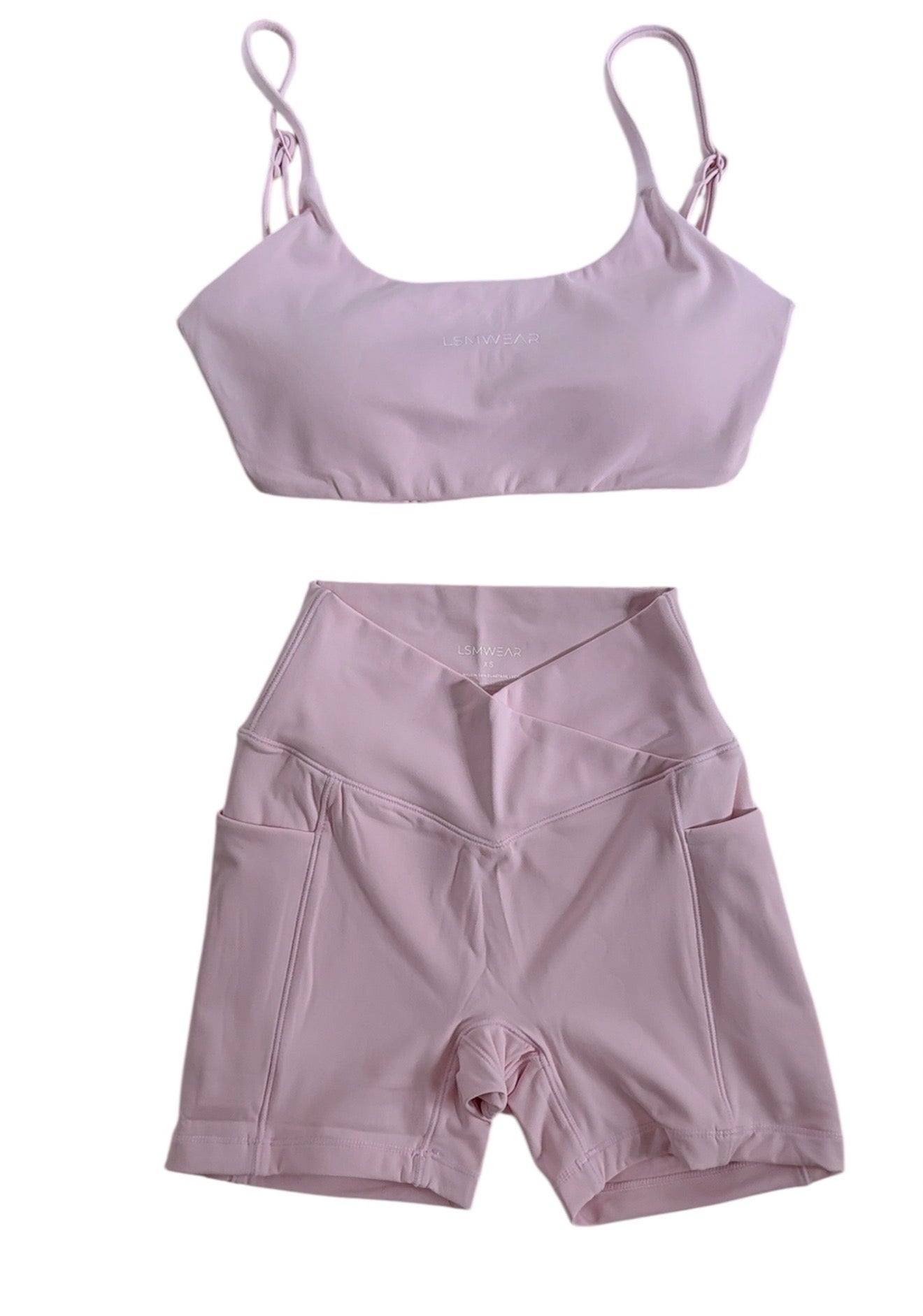 CORE SET flat lay cropped bra and shorts light pink minimalist activewear LSMWEAR